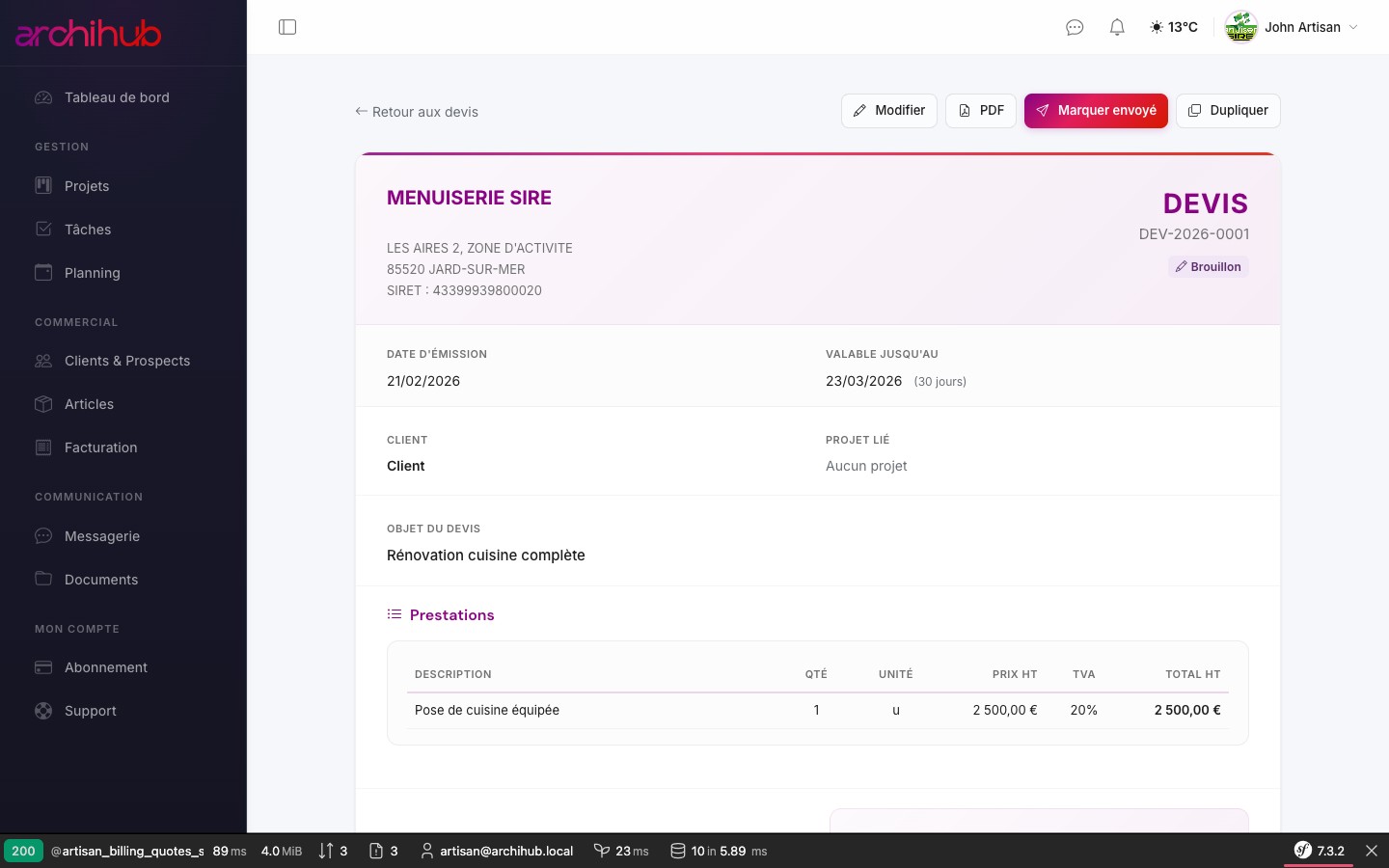 Interface de gestion des devis ArchiHub