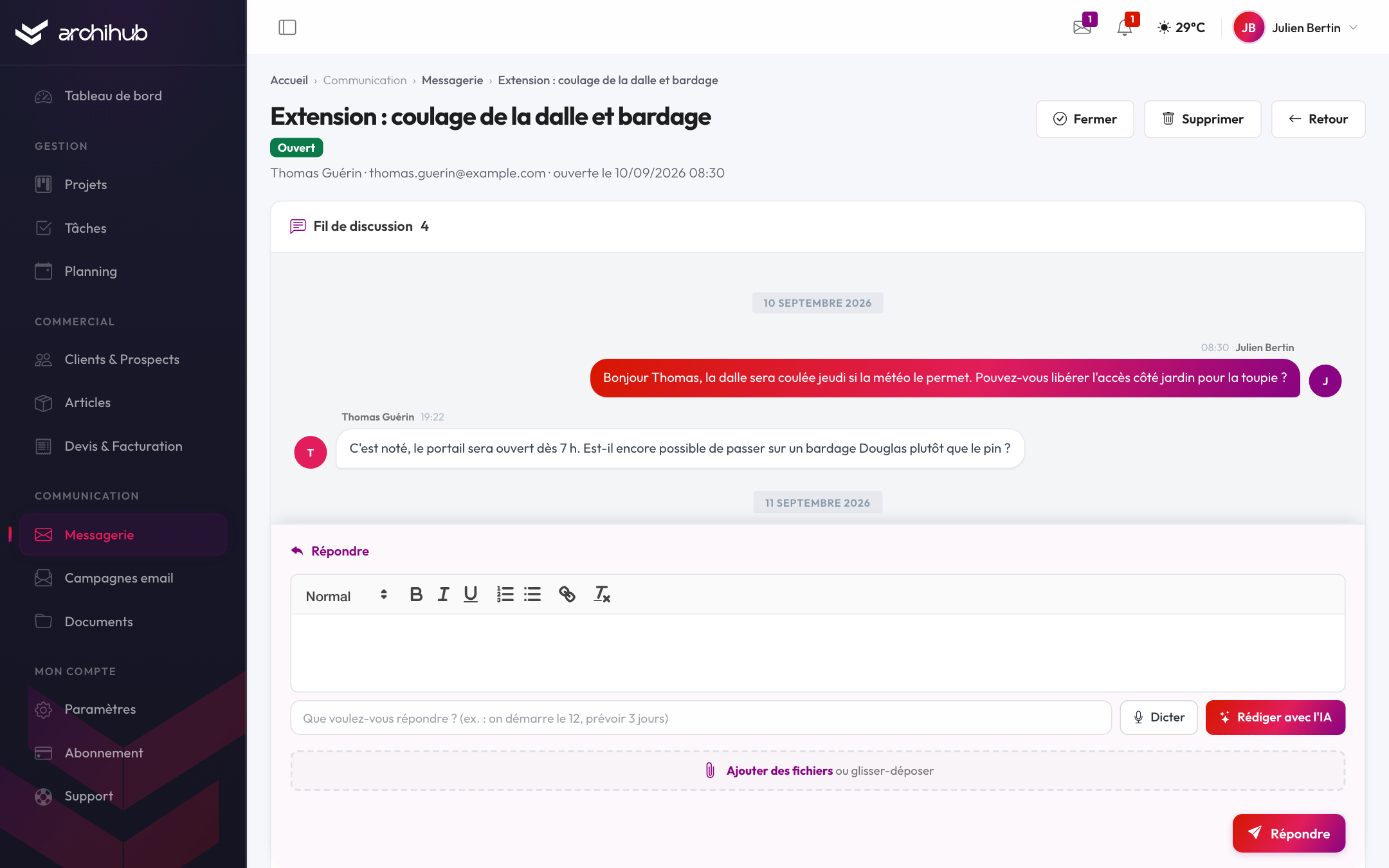 La messagerie ArchiHub : conversations classées par client